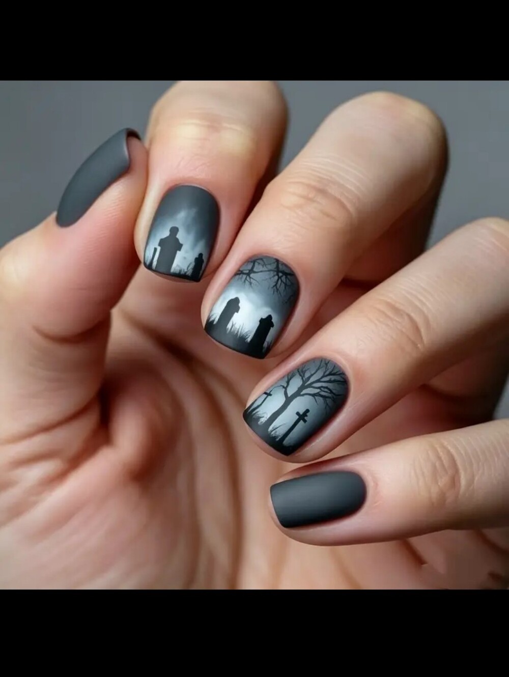 2/10🍀 Niche Gothic Tombstone and Dead Tree Matte Press-on Nails
